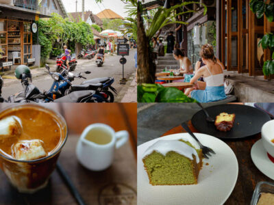 Kolase tempat nongkrong di Ubud: jalanan, Seniman Coffee Studio, es kopi latte, dan kue hijau