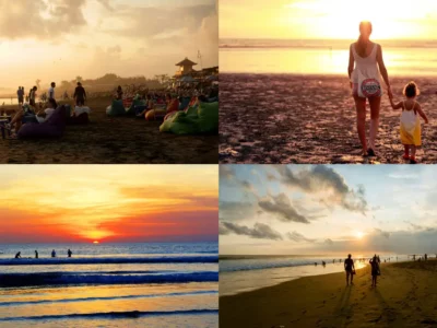 Suasana tenang dan pemandangan matahari terbenam di Pantai Batu Belig, aktivitas keluarga dan surfing yang menenangkan di Kerobokan, Bali Selatan