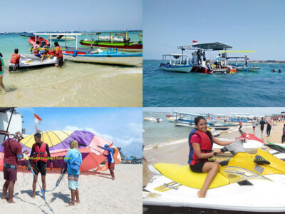 Kumpulan aktivitas water sport seperti Jet Ski, parasailing, dan perahu tradisional di Pantai Tanjung Benoa, Bali