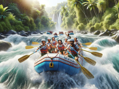 Grup wisatawan rafting di Bali menavigasi jeram kelas tinggi