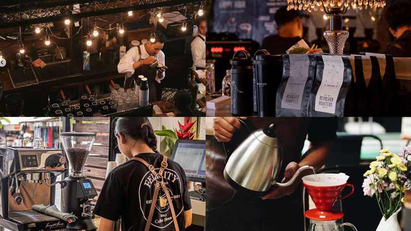 Montage tempat kopi top Seminyak dengan barista, kantong kopi, dan proses pembuatan.