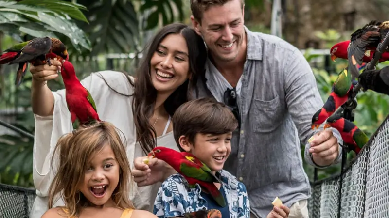 Anak-anak dan keluarga berinteraksi dengan burung di Bali Bird Park, Ubud.