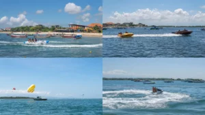 Wisatawan menikmati olahraga air seperti parasailing dan jet ski di pantai Bali.