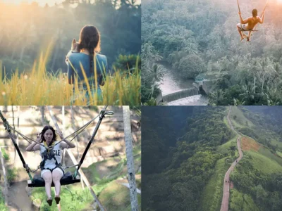 Pengunjung menikmati pemandangan alam Ubud, Bali; berayun di Bali Swing; trekking di Bukit Campuhan; dan berfoto di sawah terasering Tegalalang.